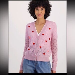 NWT Charter Club 100% Cashmere Pink Crochet Heart Pointelle Button‎ Cardigan M